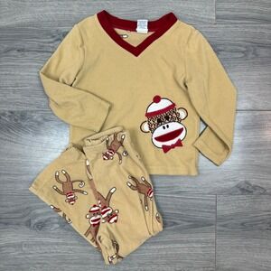 Sock Monkey Fleece Pajamas 4Y Tan Red Two Piece Set‎ Cozy Kids Sleepwear